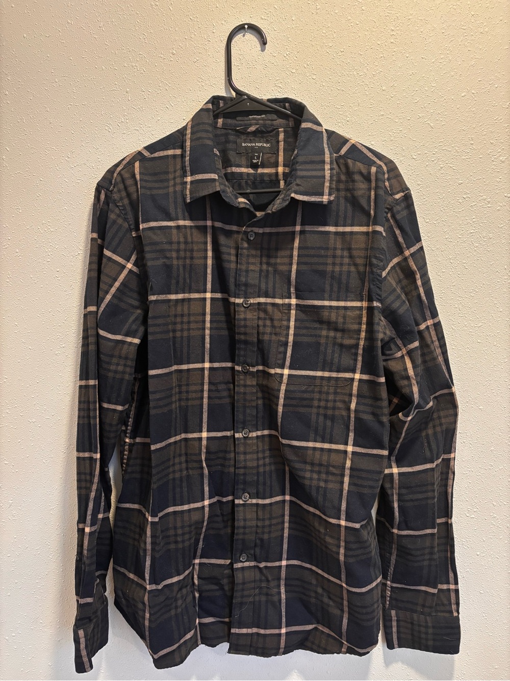 Banana Republic Navy and Tan Plaid Button-Down Shirt